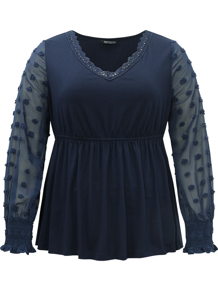 Halloween V Neck Shirred Lace Mesh Patchwork T-shirt