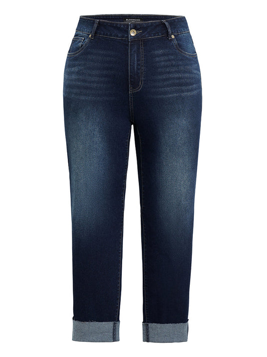 Solid Roll Hem Very Stretchy Straight Leg Jeans