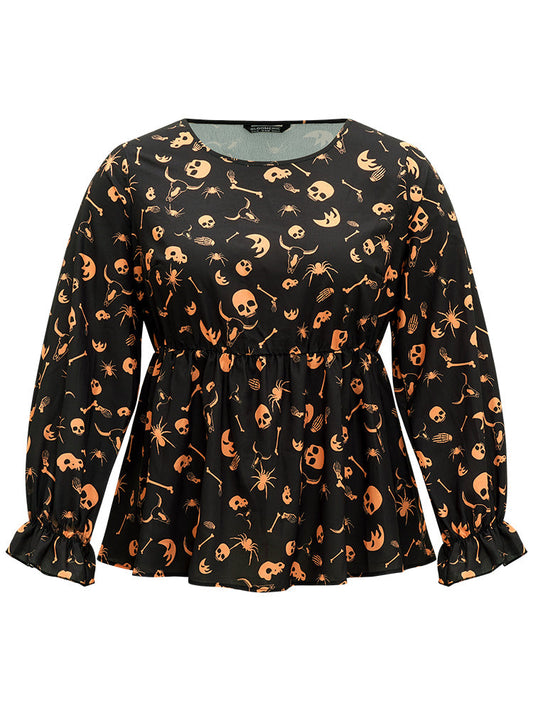 Halloween Print Elastic Waist Crew Neck Lantern Sleeve Blouse