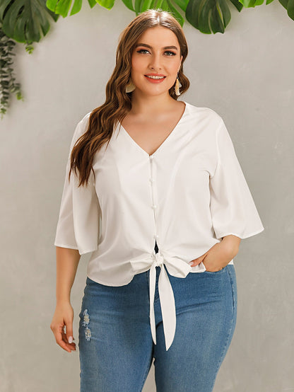 Solid Button Through Tie Front Blouse