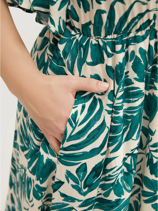 Plant Print Flutter Sleeve Button Detail Pocket Dress