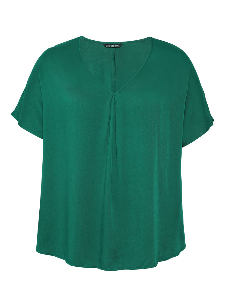 Plain Plicated Detail Batwing Sleeve Curved Hem Blouse