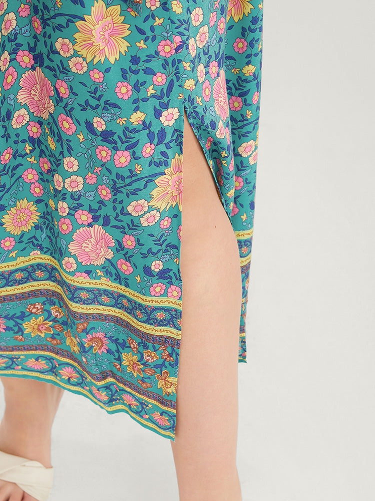 Bandana Print Pocket Ruffles Lace Up Belted Split Hem Dress