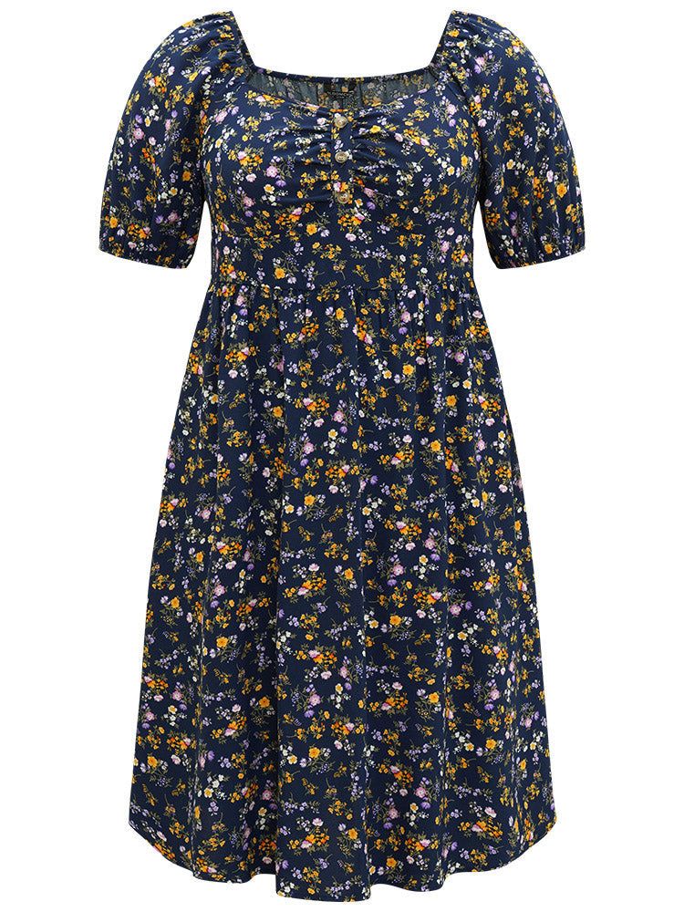 Ditsy Floral Ruched Square Neck Puff Sleeve Dress