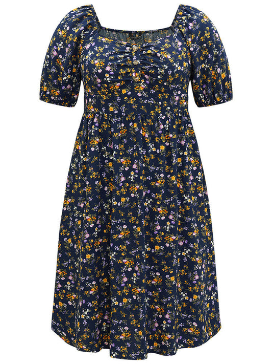 Ditsy Floral Ruched Square Neck Puff Sleeve Dress