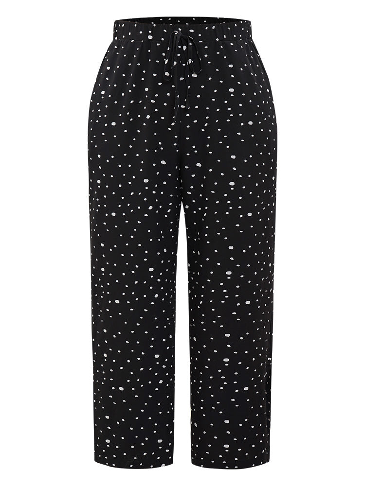 Polka Dot Drawstring Pocket Split Hem Pants
