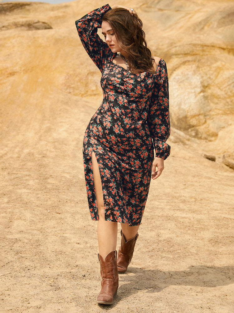 Square Neck Ditsy Floral Split  Dress