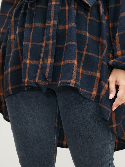 Plaid Lantern Sleeve Button High Low Hem Belted Blouse