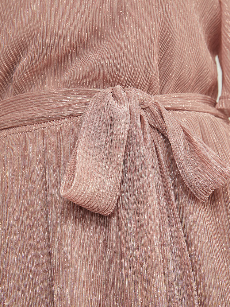 Solid Pocket Glitter Mesh Belted Keyhole Ruffles Dress