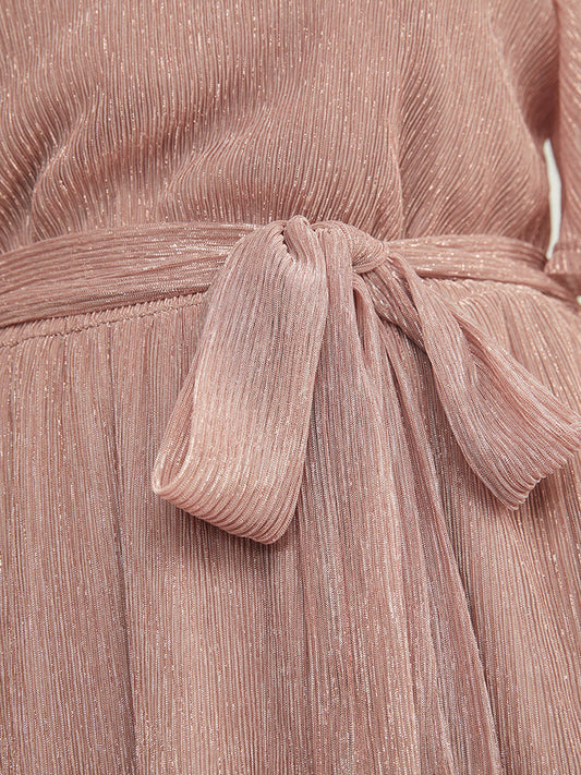 Solid Pocket Glitter Mesh Belted Keyhole Ruffles Dress