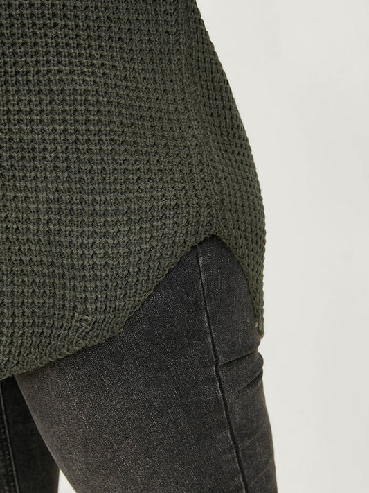 Plain Pointelle Knit Off Shoulder Arc Hem Knit Top