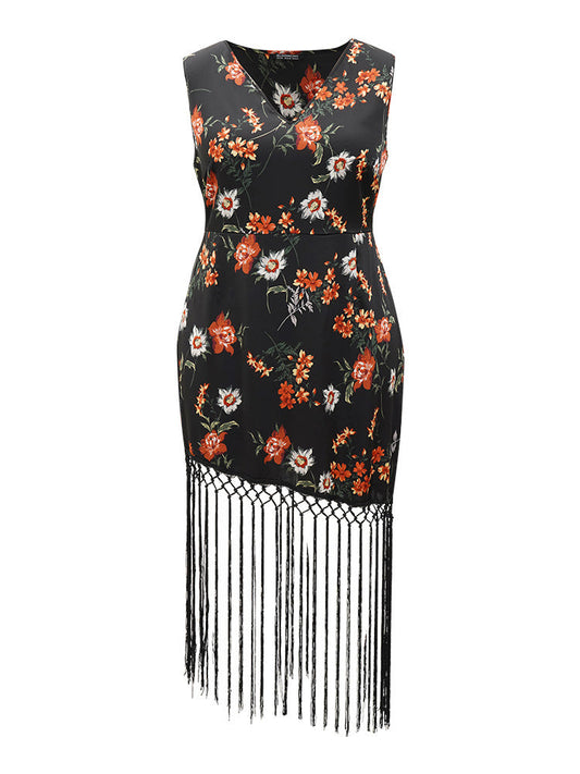 Floral Print Fringe Trim V Neck Tank Dress