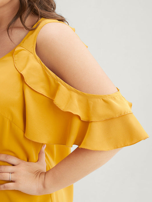Plain Ruffle Trim Cold Shoulder Blouse