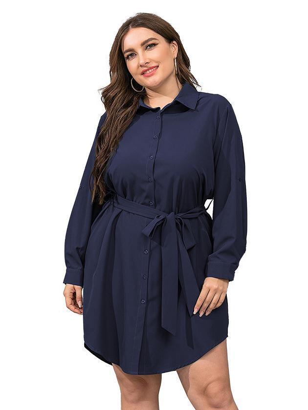 Single0breasted Belt Lapel Shirt Dress