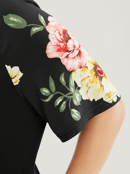 Floral Print Pocket Raglan Sleeve Sleep Tee Dress