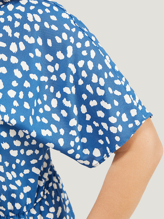Polka Dot Batwing Sleeve Pocket Shirred Mock Neck Dress