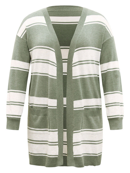Striped Patchwork Open Front Pocket Cardigan