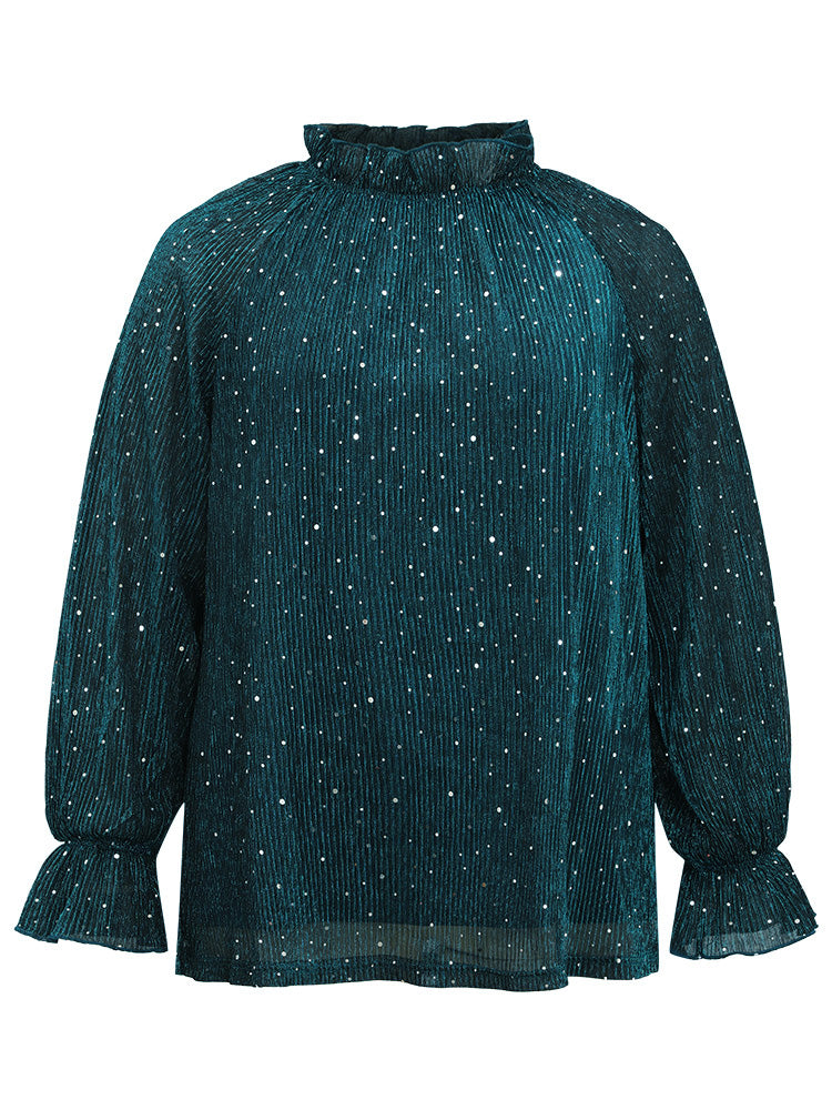 Halloween Sequin Stand Collar Rhinestone Mesh Blouse