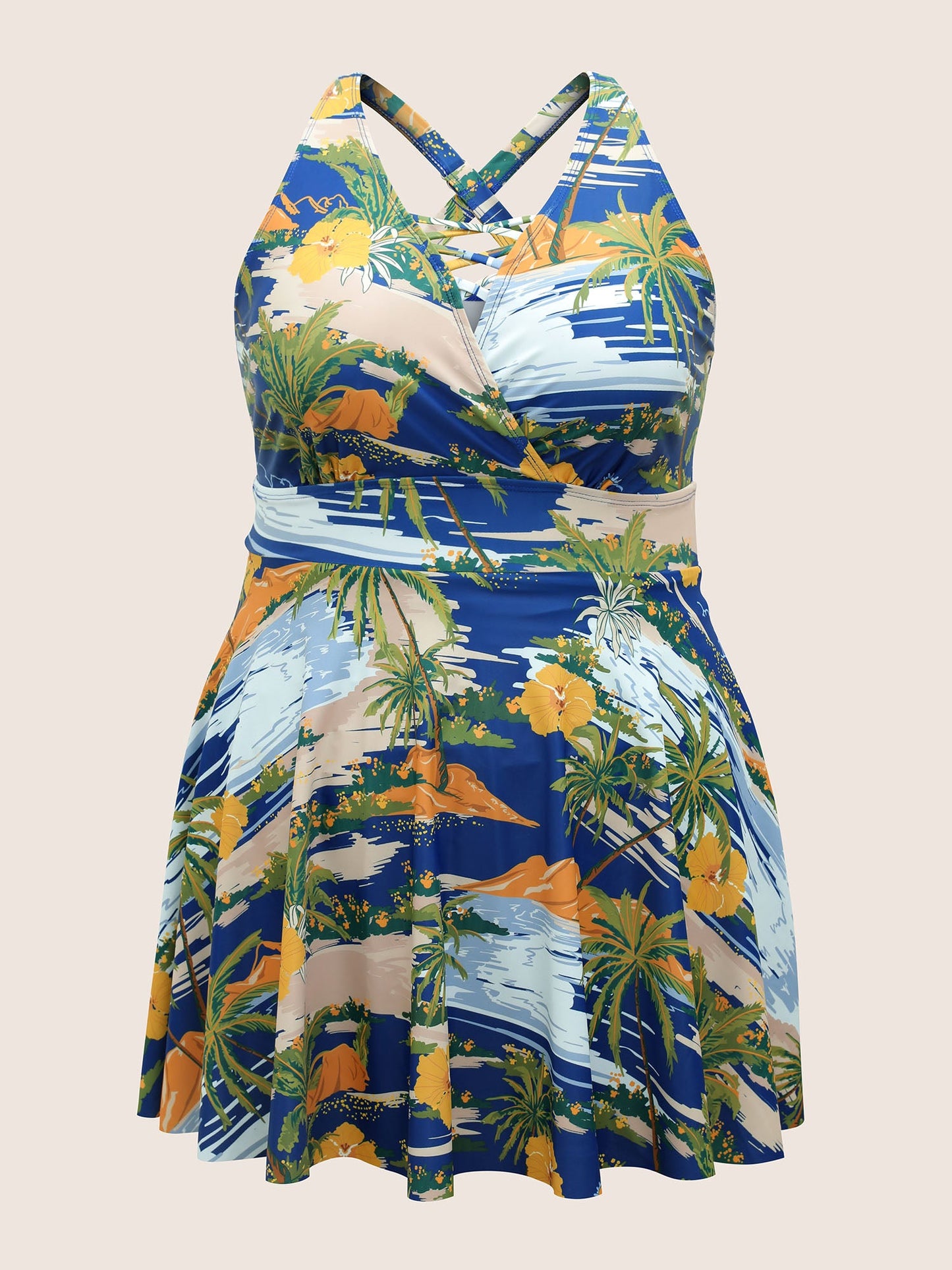 Tropical Print Crisscross Cut Out Swim Dress