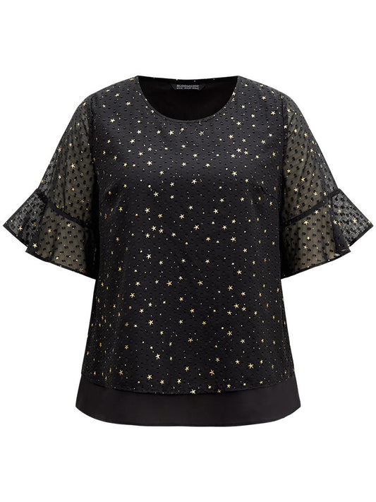 Star Glitter Flutter Sleeve Mesh Blouse