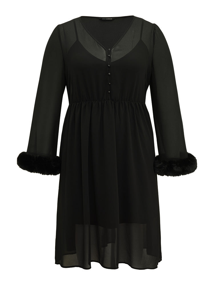 Halloween Patchwork Chiffon Mesh Button Up Fuzzy Trim Dress