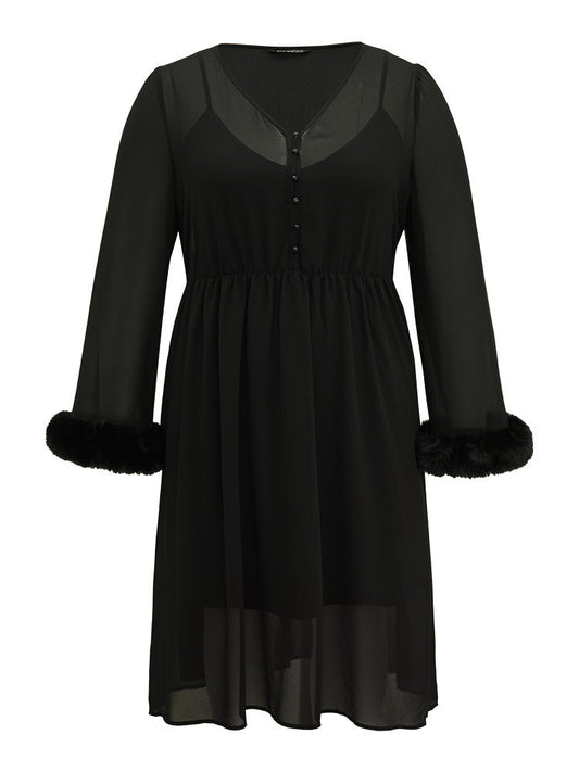 Halloween Patchwork Chiffon Mesh Button Up Fuzzy Trim Dress