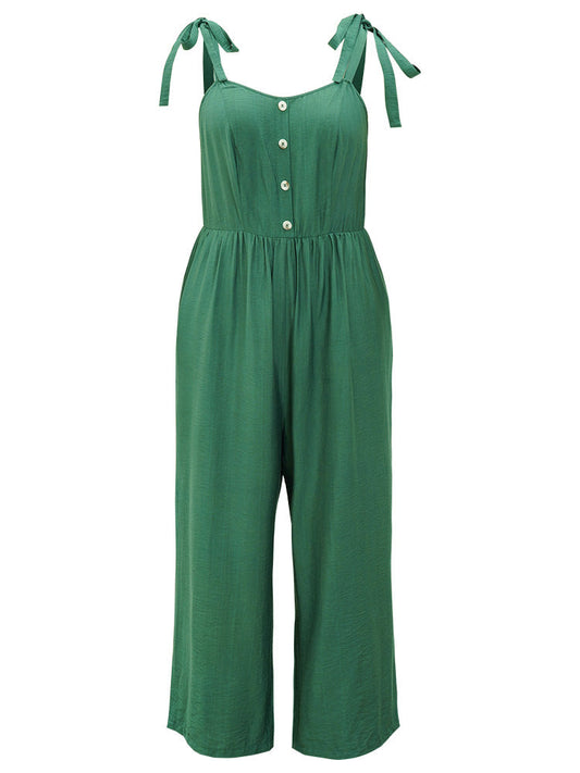 Solid Button Detail Pocket Elastic Waist Knotted Shoulder Jumpsuit