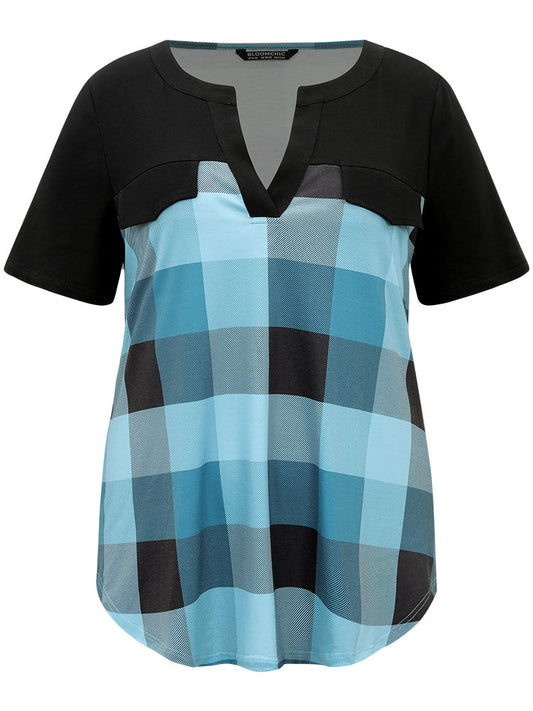 Plaid Patchwork Contrast Notched Arc Hem T-shirt