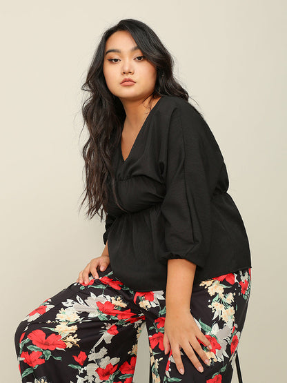 V-neck Shirred Waist Blouse