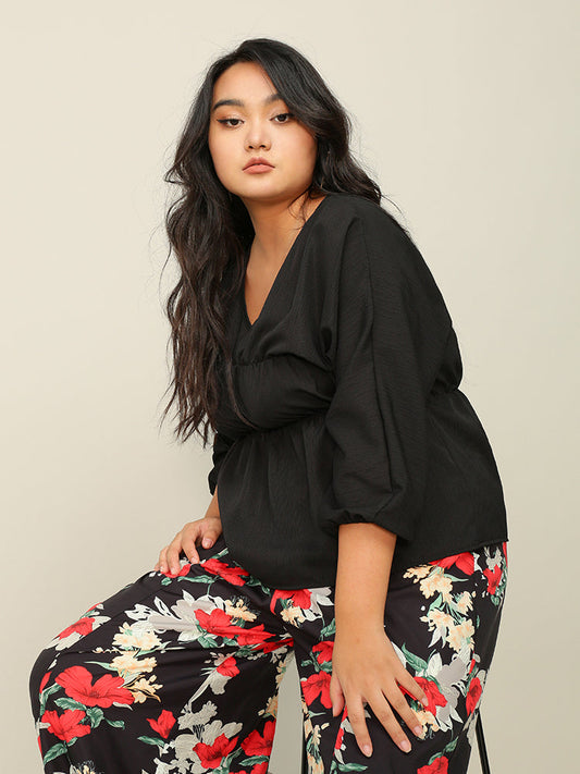 V-neck Shirred Waist Blouse