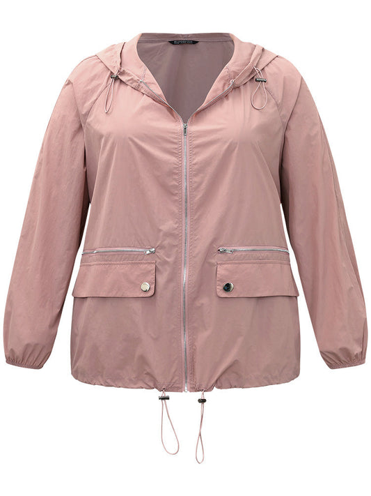 Plain Hooded Pocket Zipper Fly Drawstring Jacket