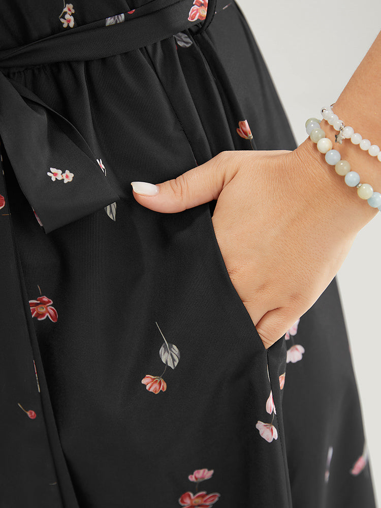 Floral Ruffle Sleeve Pocket Belted Lace Trim Dress