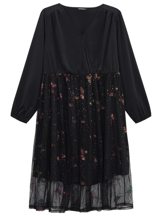 Butterfly Patchwork Lace Mesh Wrap Sequin Dress