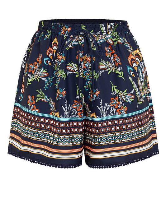 Bandana Knot Pocket Elastic Waist Pompom Trim Shorts