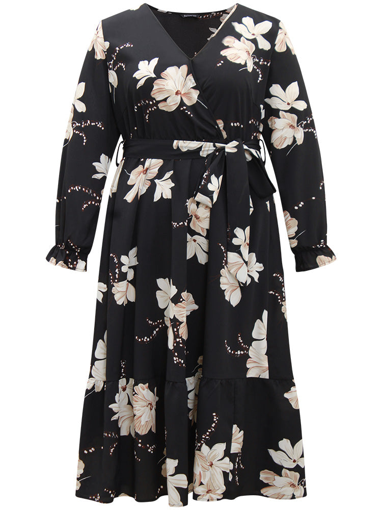 Floral Print Flutter Sleeve Belted Surplice Neck Dress