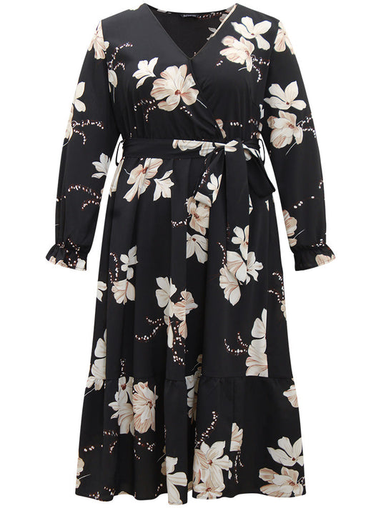 Floral Print Flutter Sleeve Belted Surplice Neck Dress