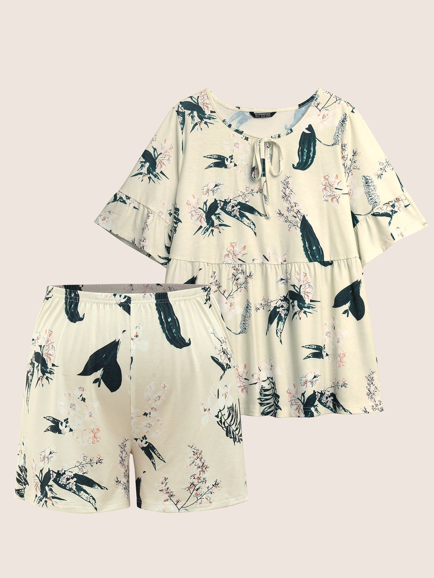 Plants Print Knot Ties Gathered Pajama Sets