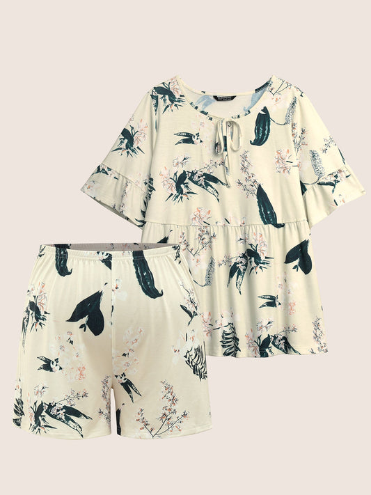 Plants Print Knot Ties Gathered Pajama Sets