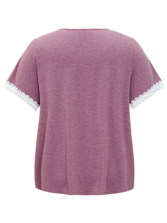 Plain Guipure Lace Button Detail Dolman Sleeve T-shirt