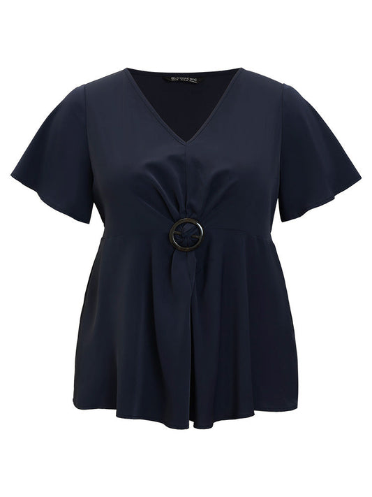 Plain Buckle Detail Ruffle Sleeve Blouse