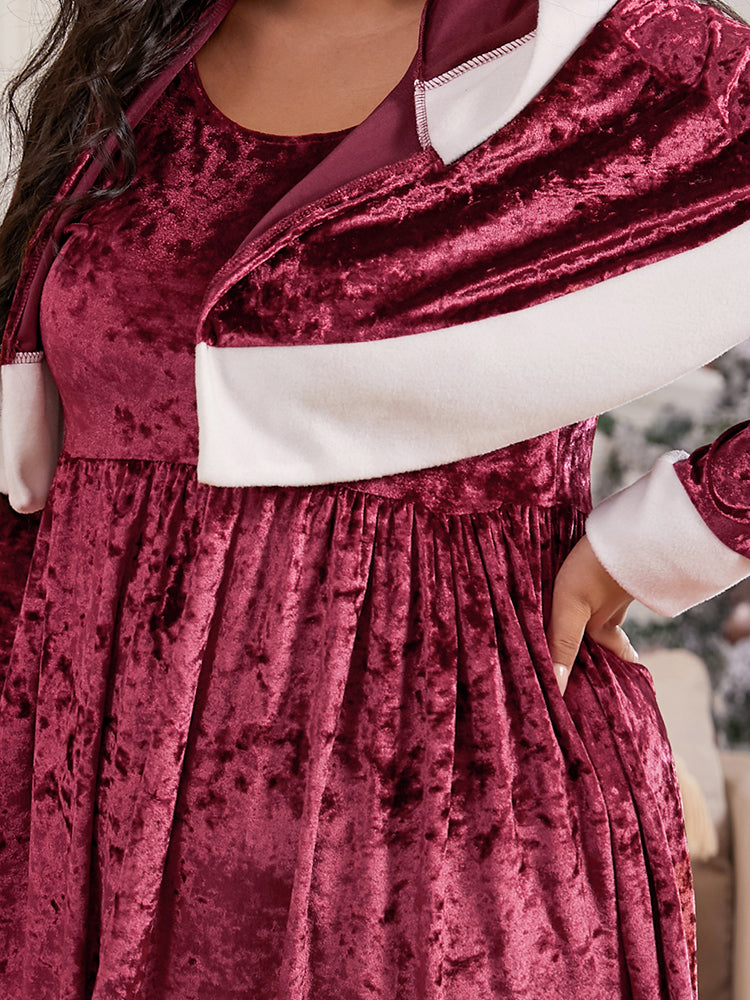 Fuzzy Trim Hooded Cape Pleated Dress