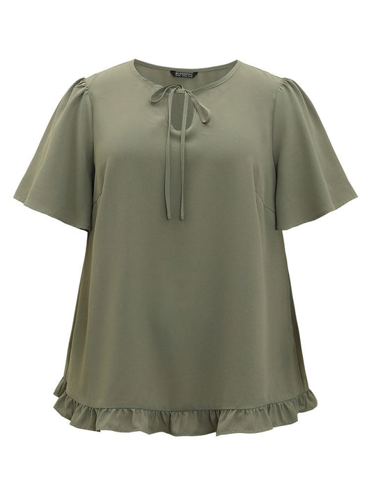 Plain Ruffle Sleeve Knot Neck Frill Trim Woven Top