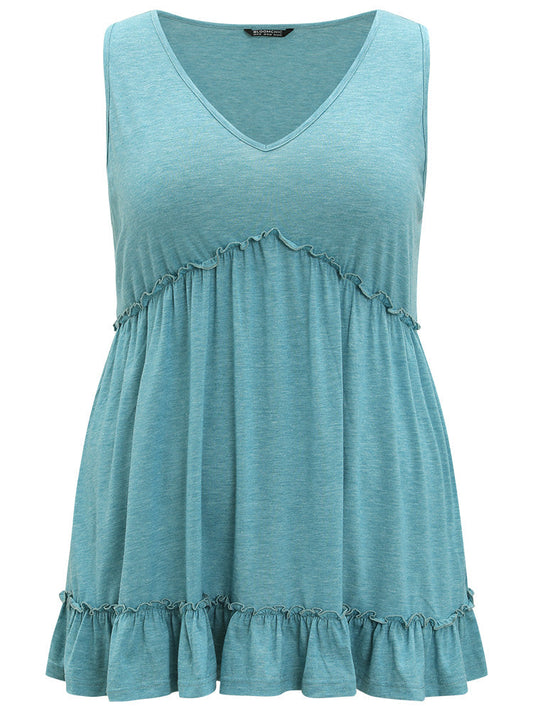 Plain Flutter V Neck Frill Trim Tank Top