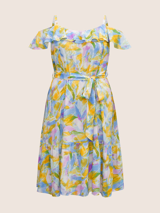 Rayon Pixel Flower Print Ruffles Pocket Dress