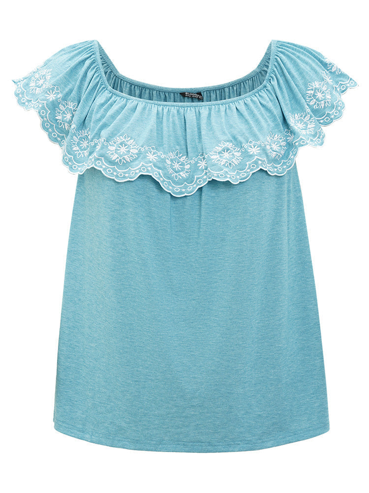 Embroidered Off Shoulder Scalloped Trim T-shirt
