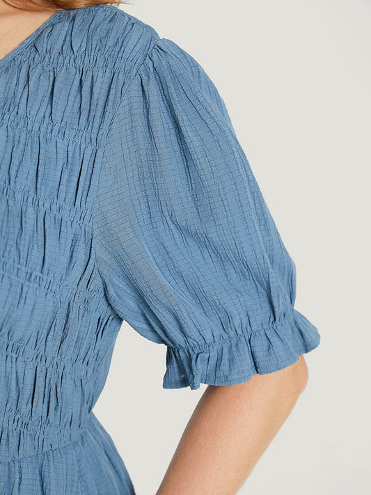 Solid Shirred Pocket Puff Sleeve V Neck Ruffles Dress