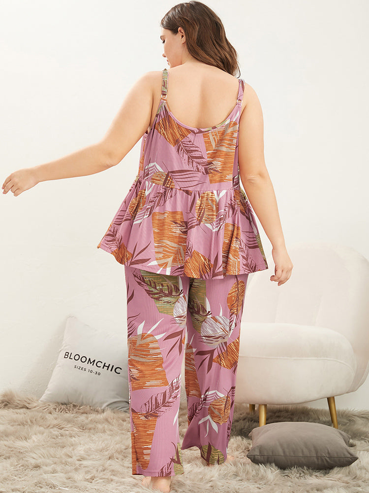 Plant Print Ruffle Hem Rib Knit Cami Top