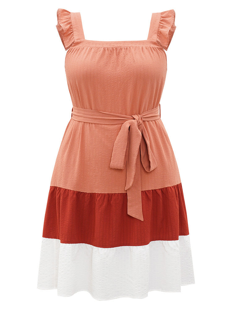 Contrast Ruffles Pocket Belted Square Neck Cami Dress