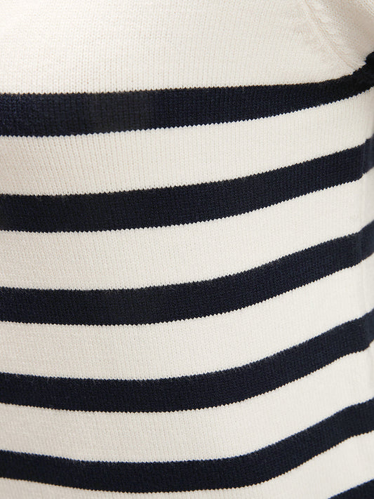 Striped Pointelle Knit V Neck Contrast Loose Knit Top