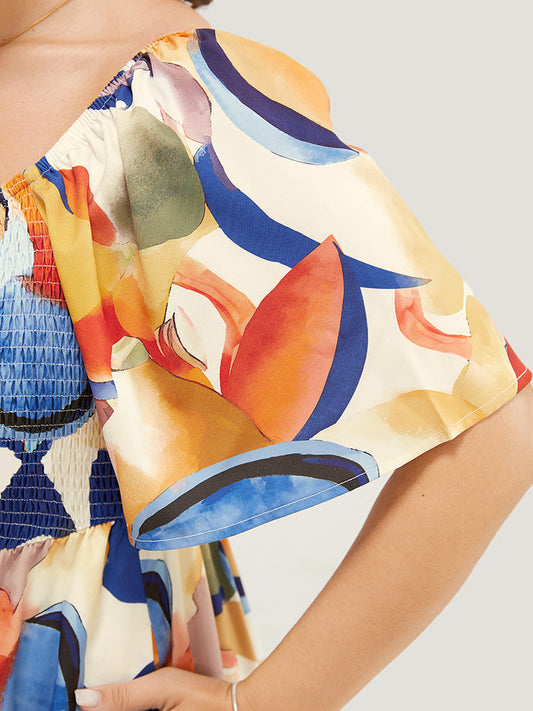 Geometric Contrast Ruffle Sleeve Shirred Pocket Tiered Hem Dress